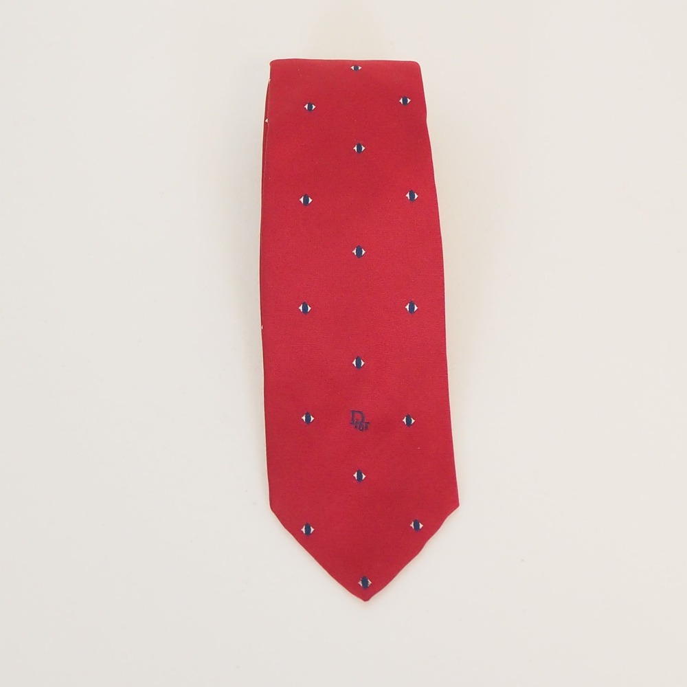 VTG Christian Dior‎ Polyester Silk Blend Tie Red Navy Classic Logo Spellout